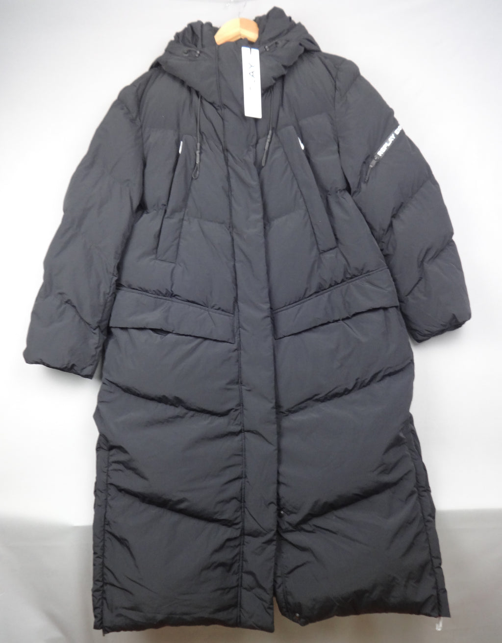 Replay Black Longline Hooded Puffer Coat – Medium