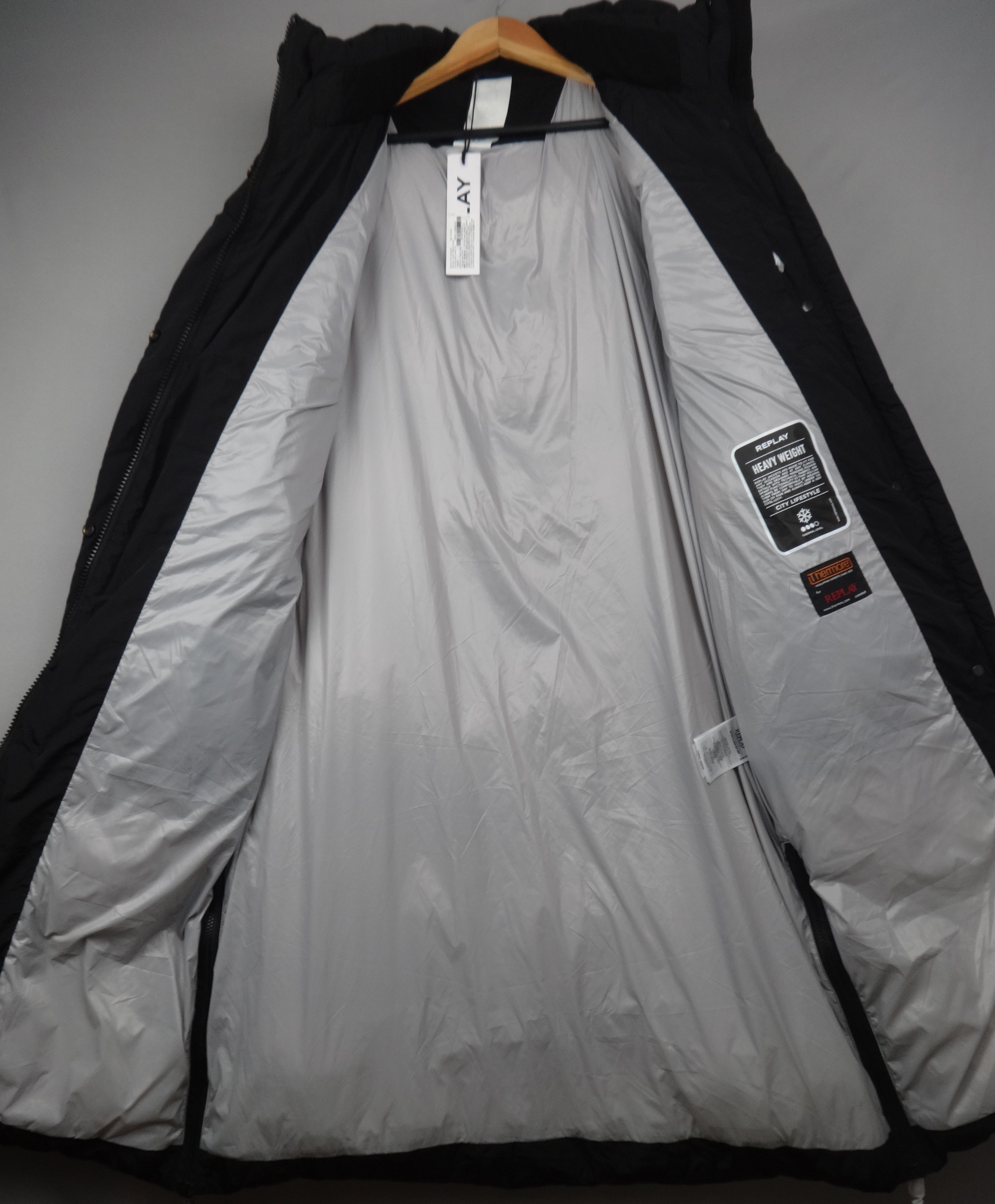 Replay Black Longline Hooded Puffer Coat – Medium