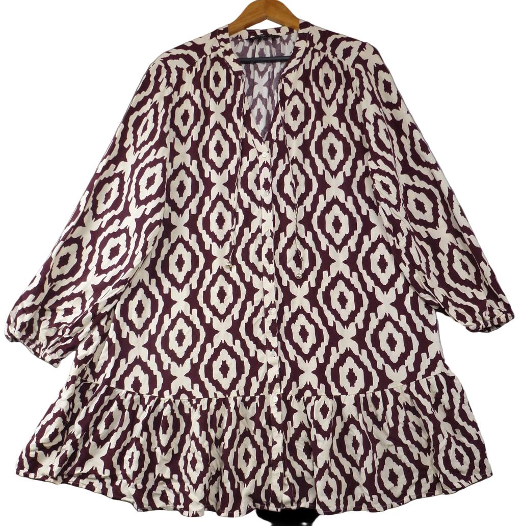 F&F Smock Dress Burgundy Cream Ikat Print