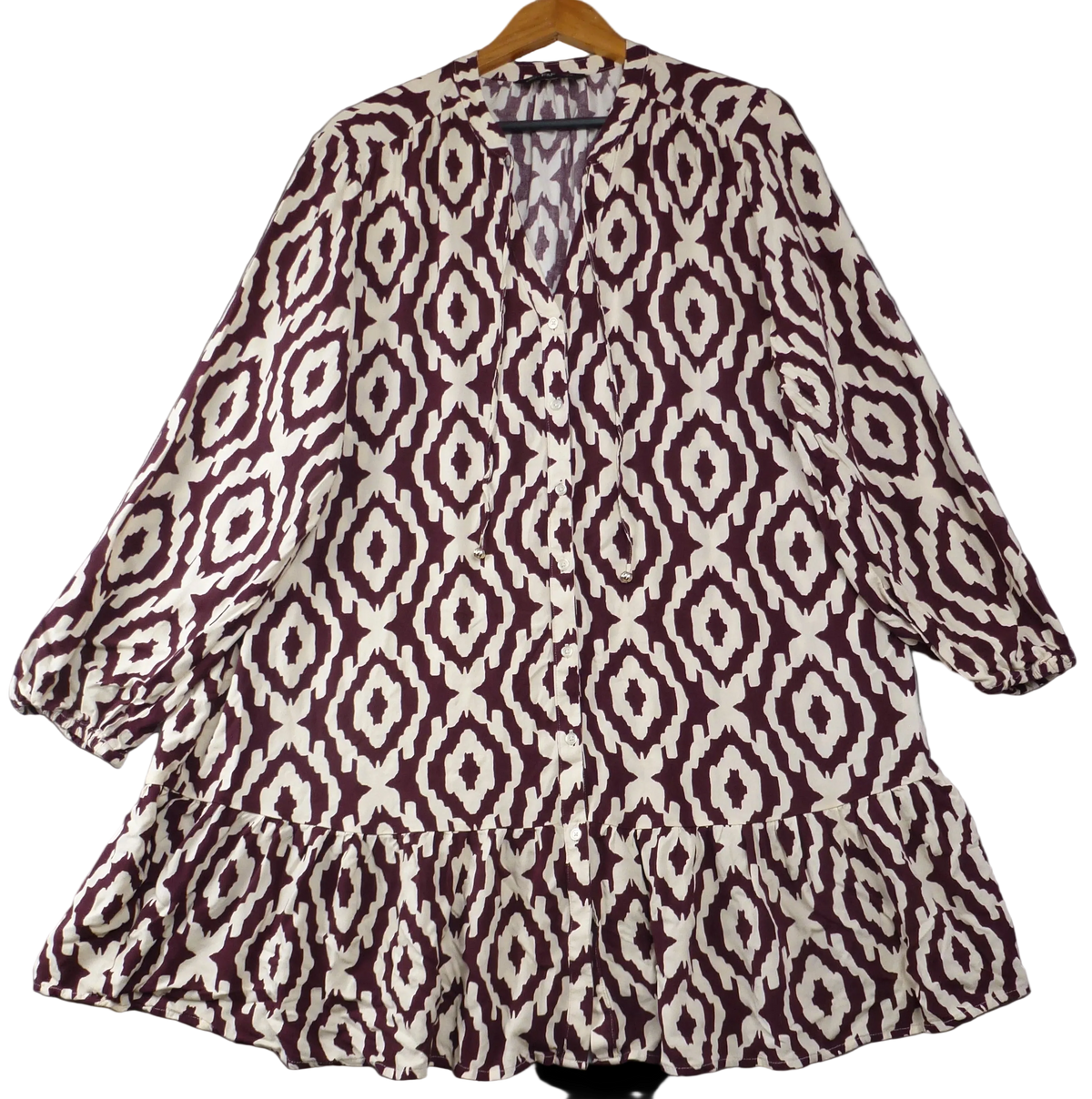 F&F Smock Dress Burgundy Cream Ikat Print