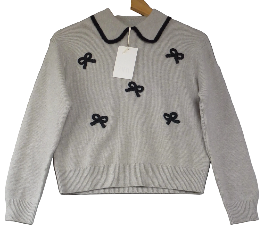 Zara Jumper Grey Bow Embroidered