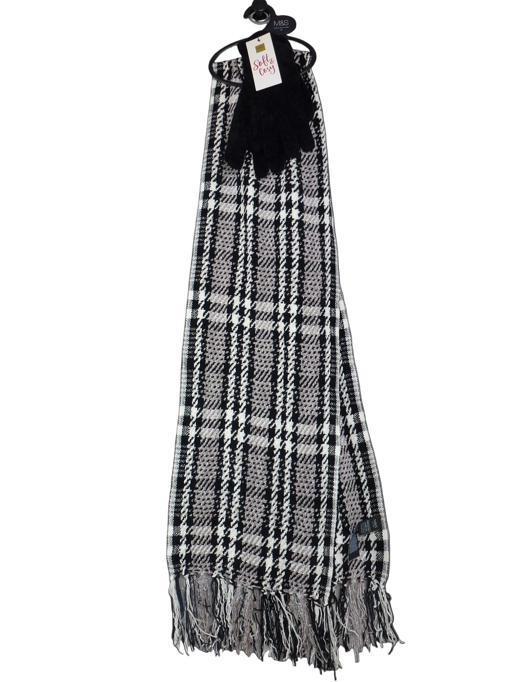 M&S Black & White Check Scarf and Gloves Gift Set