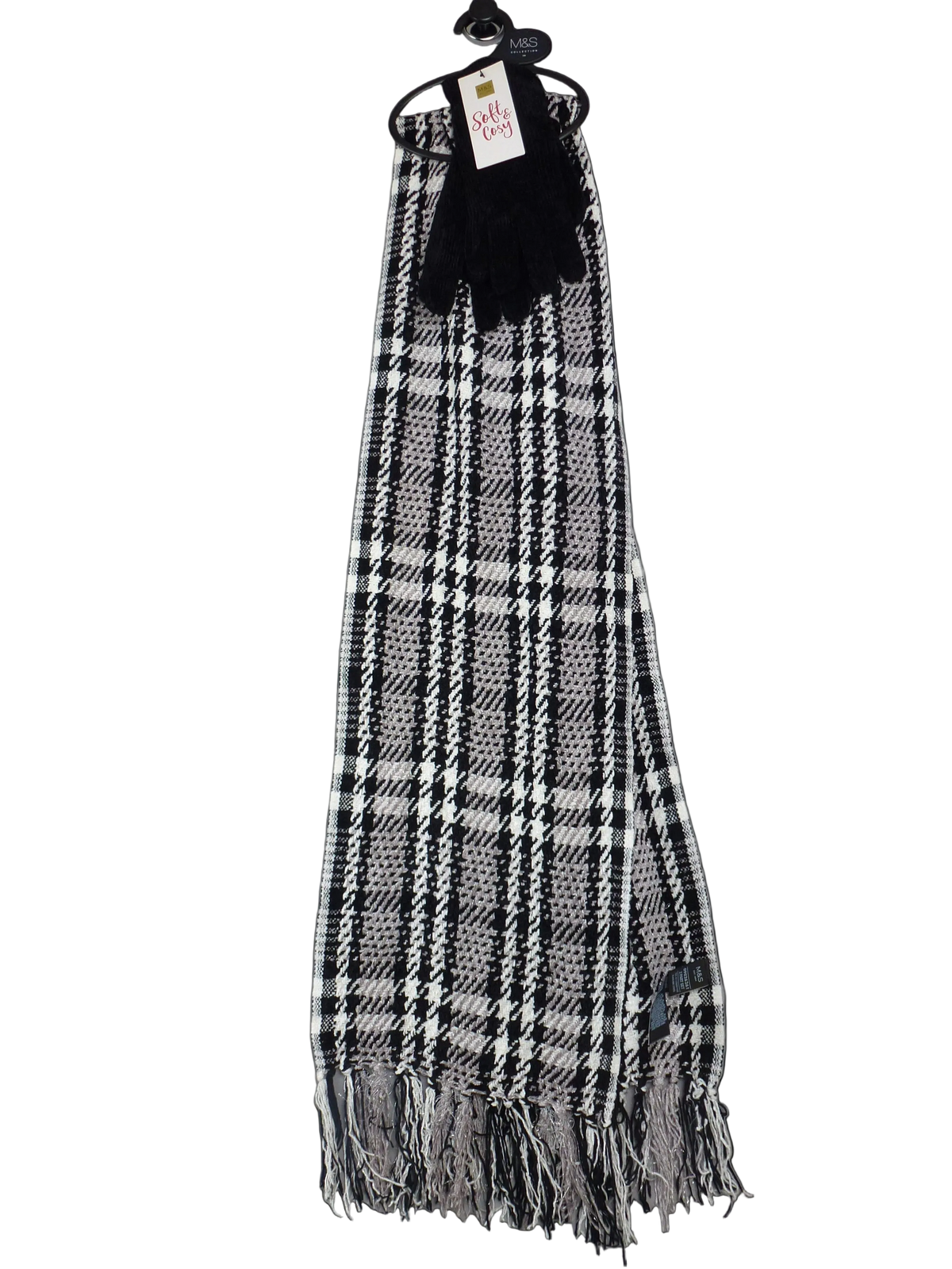 M&S Black & White Check Scarf and Gloves Gift Set