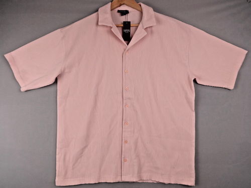 BoohooMAN Shirt Mens XS Pink Ribbed Short Sleeve Button Casual Summer BNWT Y2K