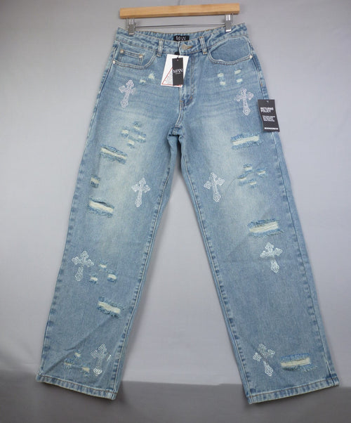 BoohooMAN Jeans Men W30 Light Blue Distressed Rhinestone Cross Baggy Wide Y2K