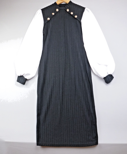 Dress Womens Medium Black Ribbed Midi Gold Button Balloon Sleeve Smart Office