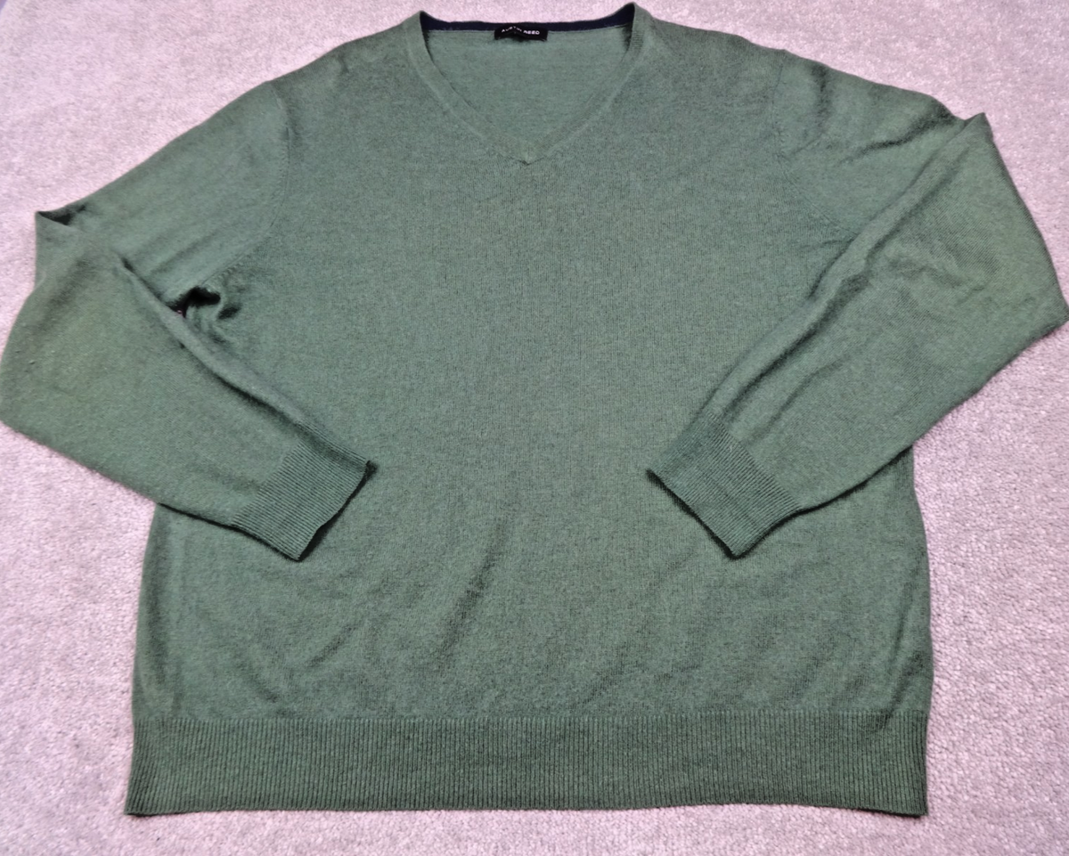 Austin Reed Jumper Mens XL Green Wool Blend V Neck Knit Pullover Classic Smart
