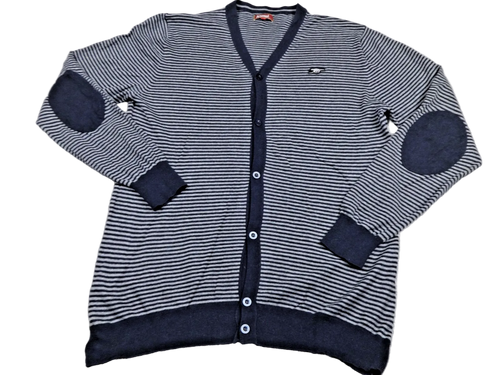 Arsenal Cardigan Men XXL Navy Grey Stripe Button Up Elbow Patch Casual Football