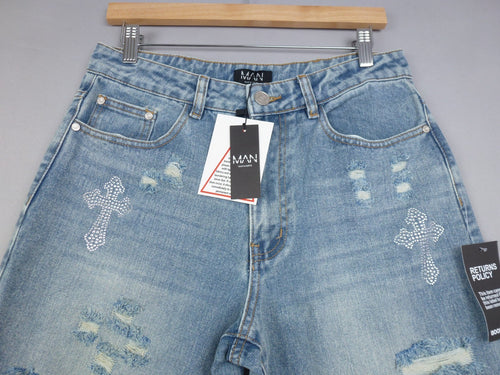 BoohooMAN Jeans Men W30 Light Blue Distressed Rhinestone Cross Baggy Wide Y2K
