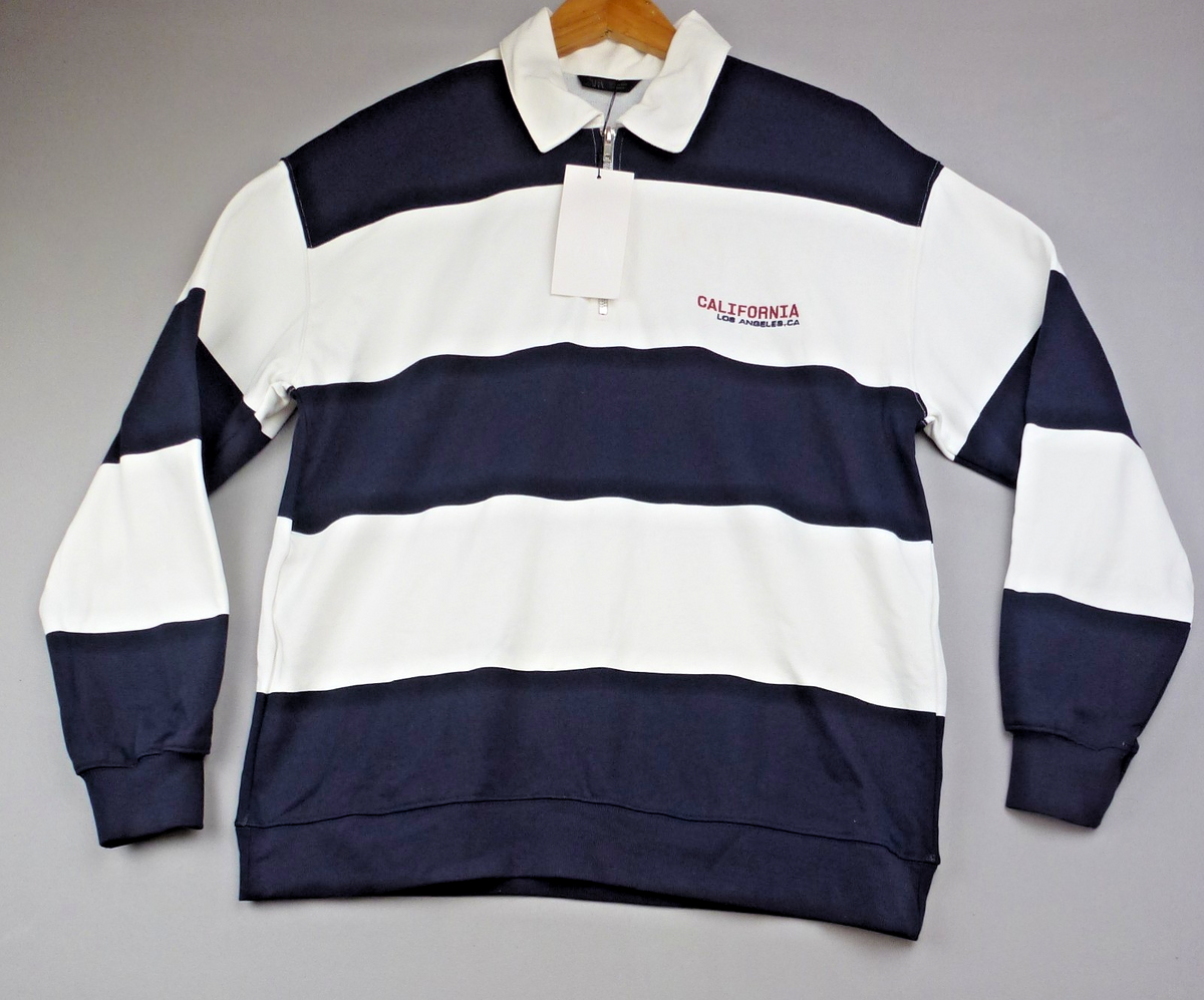 Zara Sweatshirt Mens Medium Navy White Rugby Top Quarter Zip Striped Cotton Logo