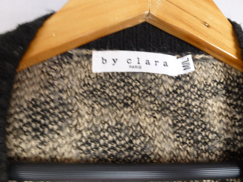 By Clara Cardigan Womens M/L Leopard Print Fuzzy Knit Button Animal Beige Black