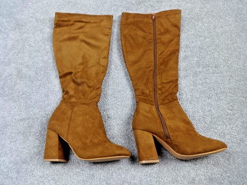 Boohoo Boots Womens UK5/EU38 Brown Knee High Block Heel Faux Suede Zip Retro