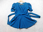 Quiz Top Womens UK 10 Wrap Tie Waist Puff Sleeve Textured Occasion Teal Party