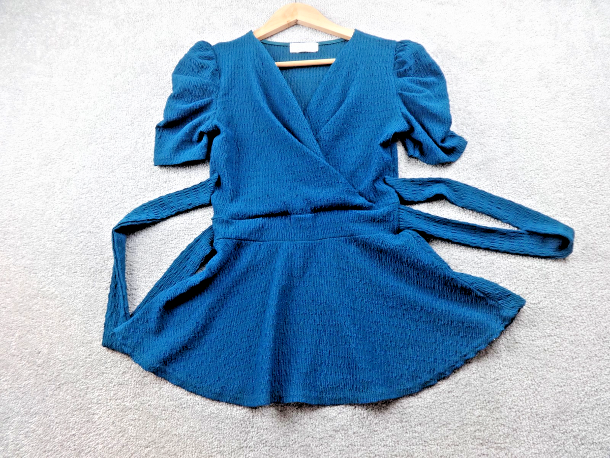 Quiz Top Womens UK 10 Wrap Tie Waist Puff Sleeve Textured Occasion Teal Party