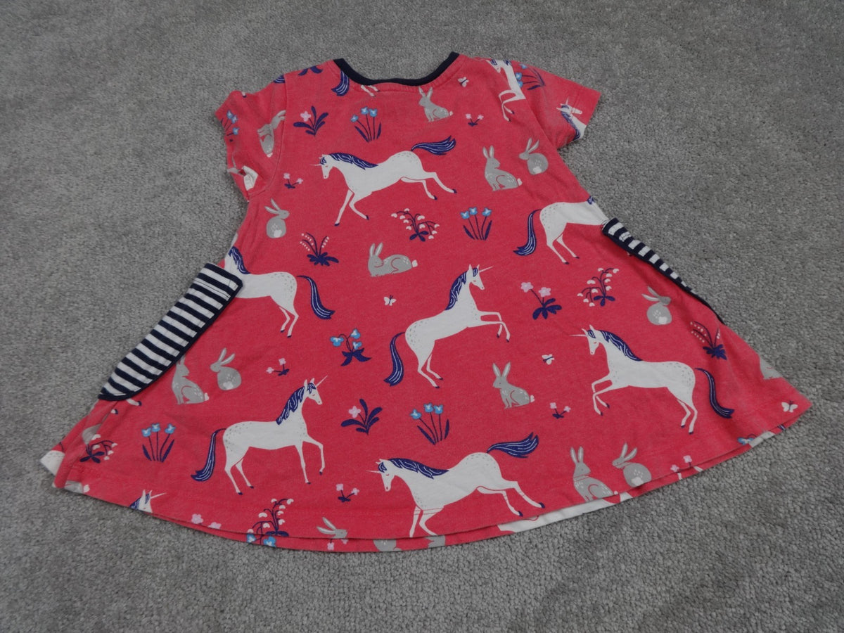 Mini Boden Dress Girls 2-3Y Pink Unicorn Print Short Sleeve Pockets Cotton Kids