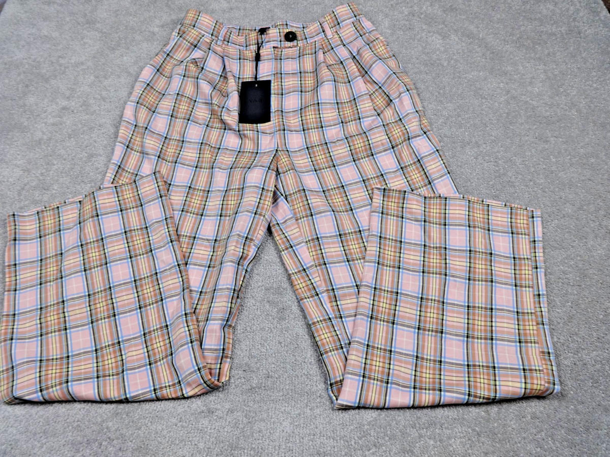 Y.A.S Freetown HW Trousers UK 12 Pink Checked Wide Leg High Waist Plaid Pants
