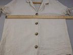 MNG Blouse Women M Beige Linen Blend Striped Button Short Sleeve Summer Top