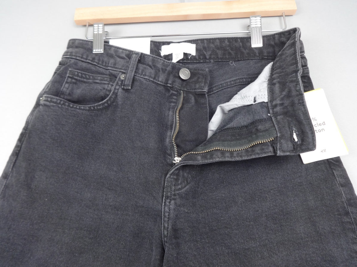 H&M Jeans Womens UK 10 Black Wide Leg High Waist Cropped Denim Retro BNWT Y2K