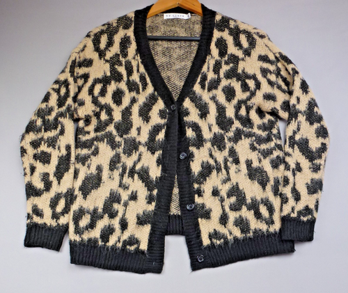 By Clara Cardigan Womens M/L Leopard Print Fuzzy Knit Button Animal Beige Black