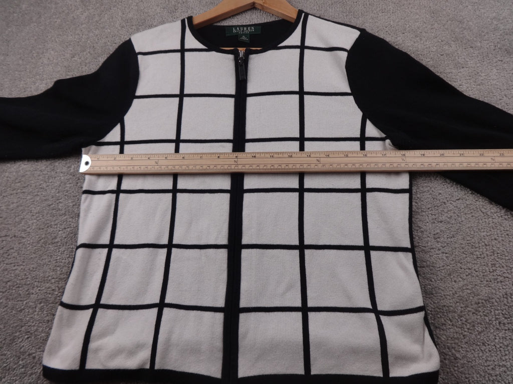 Lauren Ralph Lauren Cardigan Womens Petite Large Grid Zip Cardigan Black White