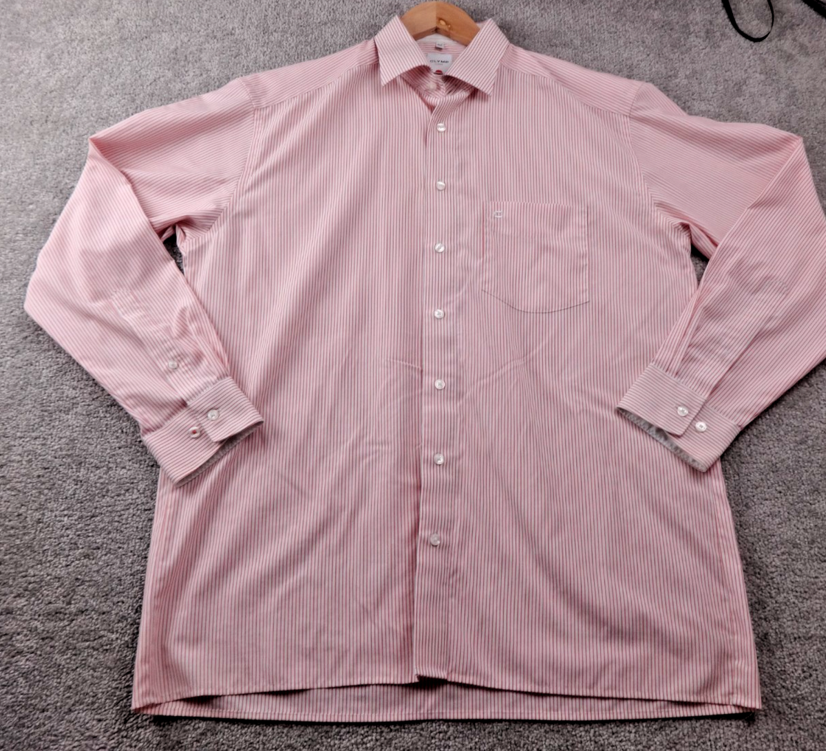 Olymp Shirt Men Large Red White Stripe Long Sleeve Smart Formal Business Cotton