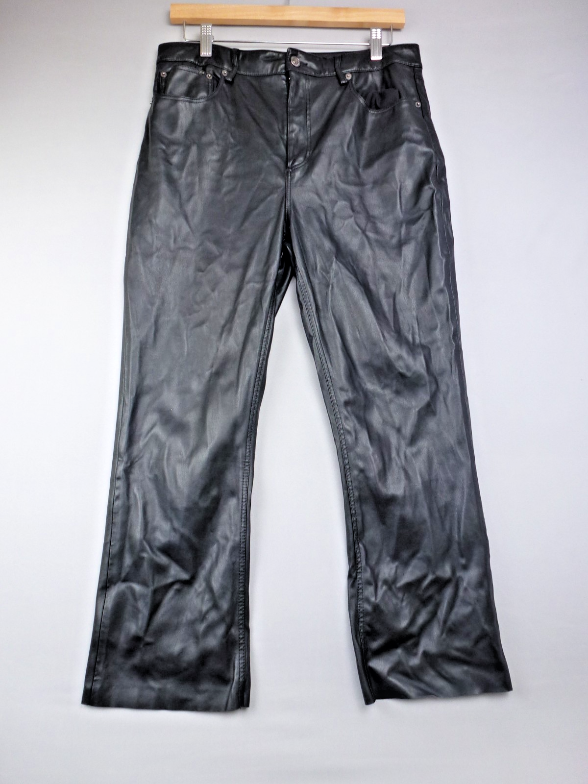 Zara Trouser Women EU 42 UK 14  Black Faux Leather Straight Biker Wet Look Pants