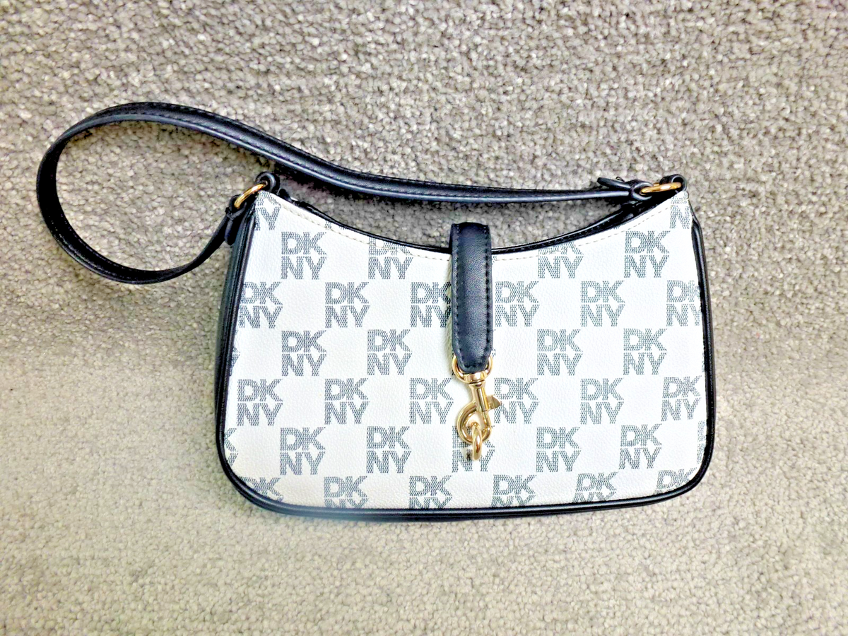 DKNY Shoulder Bag Womens White Black Monogram Baguette Y2K Designer Zip Purse
