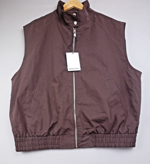 Bershka Gilet Mens M-L Brown Utility Bomber Zip Sleeveless Puffer Bodywarmer NWT