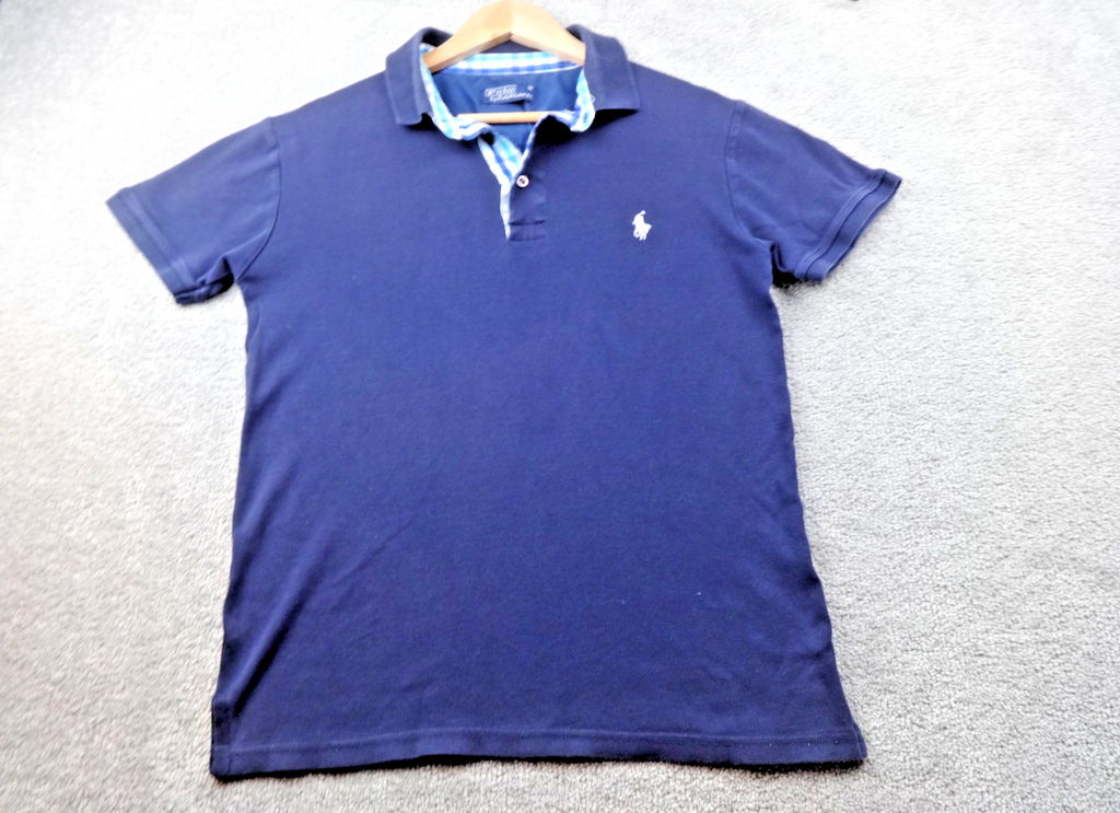 Polo Ralph Lauren Polo Shirt Mens Medium Navy Cotton Short Sleeve Gingham Trim