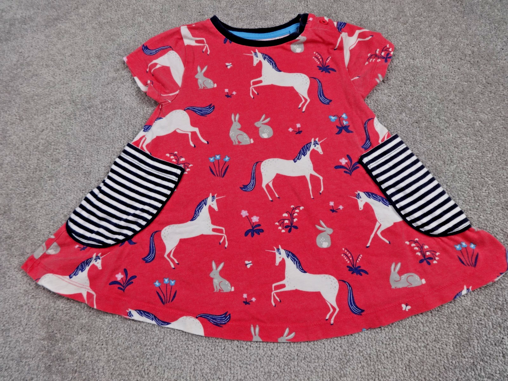 Mini Boden Dress Girls 2-3Y Pink Unicorn Print Short Sleeve Pockets Cotton Kids