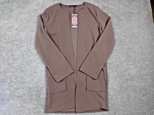 Boohoo Duster Jacket Womens Small / Medium Taupe Pocket Open Front Longline BNWT