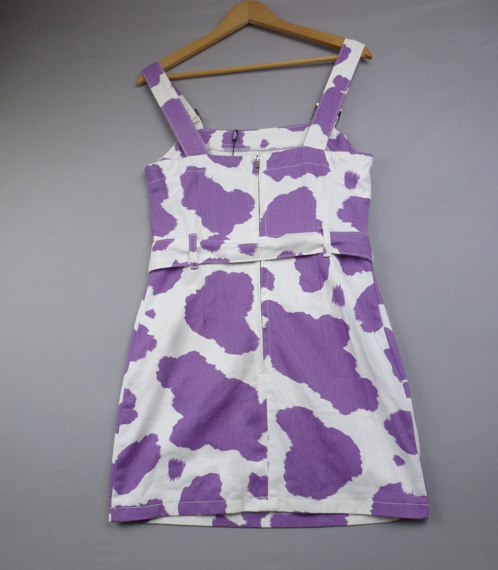 Jaded Dress Women UK 10 Purple Cow Print Belted Buckle Strappy Mini Cotton BNWT