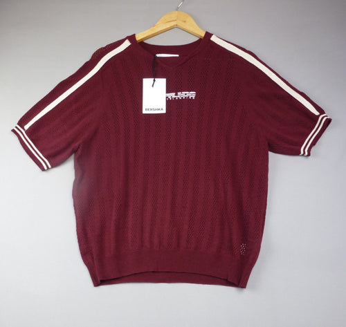 Bershka Jumper Womens XS Burgundy Open Knit V Neck Sports Stripe Soft Top BNWT