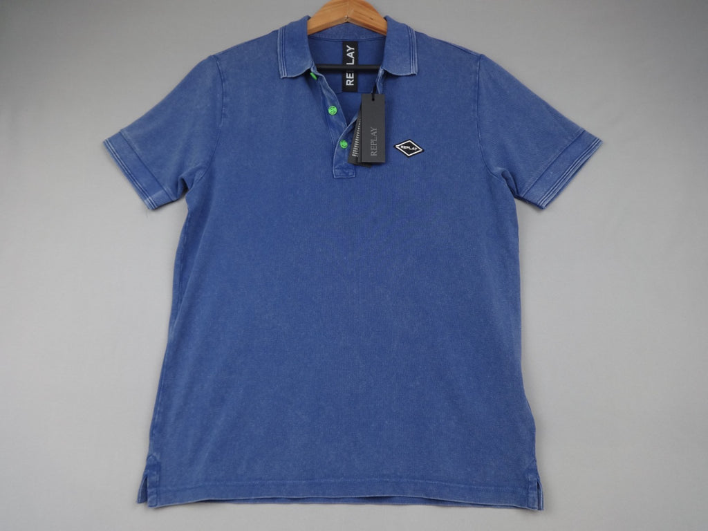 Replay Polo Shirt Men Medium Blue Garment Dyed Cotton Short Sleeve Logo BNWT