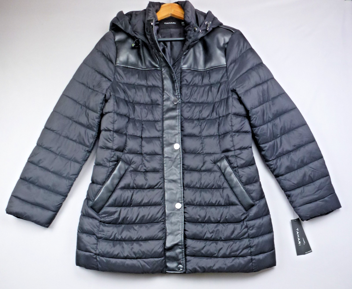 Tahari Puffer Coat Womens UK L Black Hooded Vegan Leather Trim Quilted Jacket