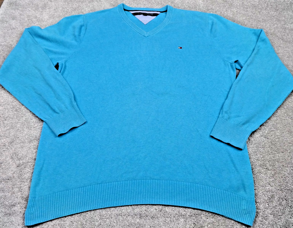 Tommy Hilfiger Jumper Mens XL Blue V Neck Cotton Knit Classic Preppy Bright