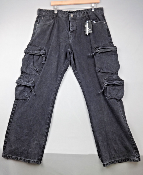Brave Soul Jeans Mens 36L Black Wash Cargo Wide Leg Utility Skater Y2K BNWT