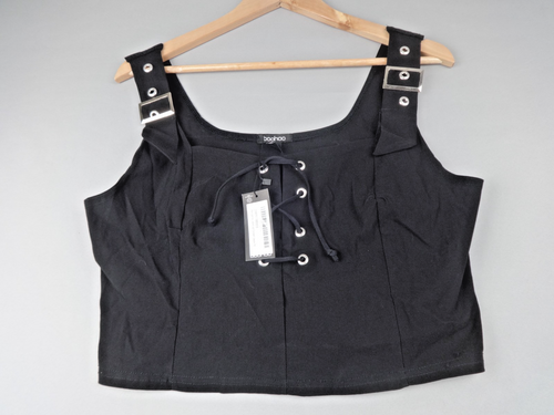 Boohoo Corset Top Women UK 16 BNWT Black Lace Up Buckle Strap Crop Top Y2K Party