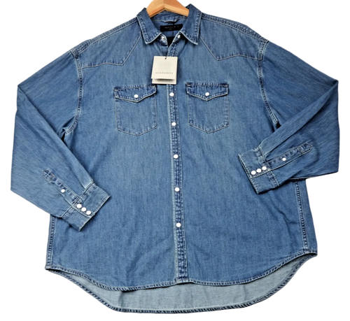 AllSaints Fenton Denim Western Shirt Medium Blue Snap Button Organic Cotton BNWT