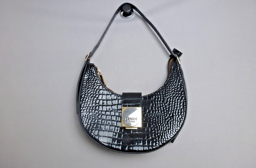 Bessie London Shoulder Bag Womens Black Croc Patent Y2K Baguette Gold Zip Party