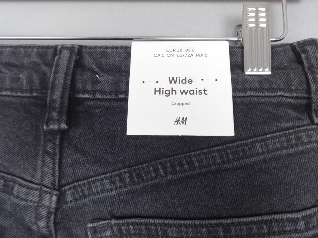 H&M Jeans Womens UK 10 Black Wide Leg High Waist Cropped Denim Retro BNWT Y2K