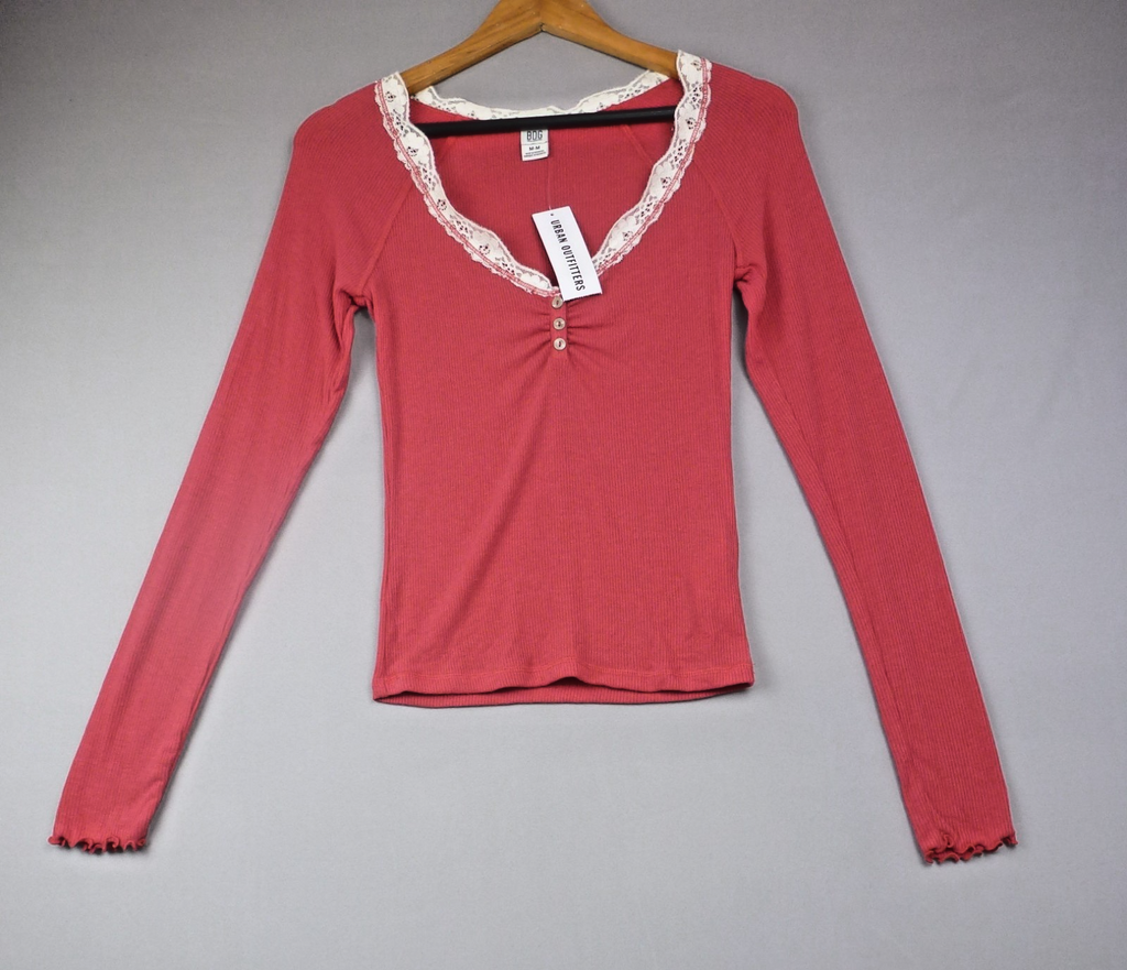 Urban Outfitters BDG Top Womens M Pink Ribbed Lace Trim Y2K Henley BNWT