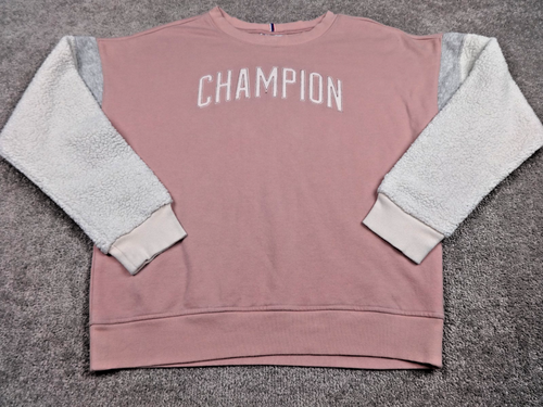 Champion Women Jumper Large Pink Sherpa Sweatshirt Crew Neck Casual Sport Warm