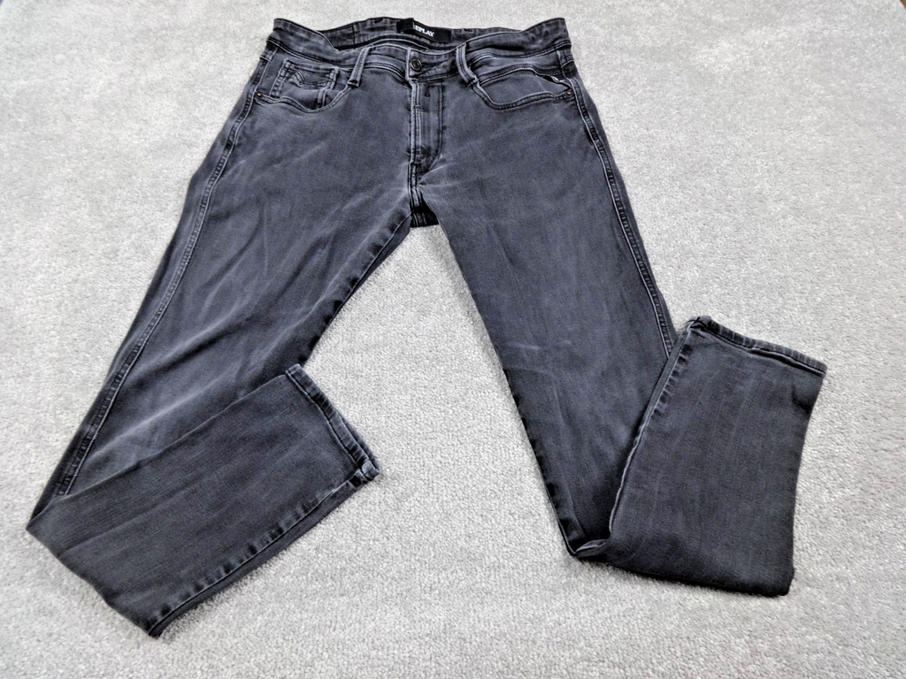 Replay Anbass Jeans Mens W32 L30 Black Grey Slim Fit Modal Stretch Denim M914Y