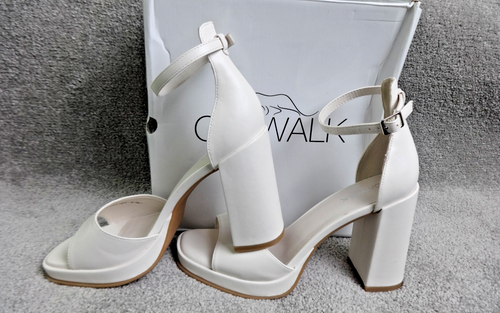 Catwalk Sandals Womens UK 7 White Block Heel Ankle Strap Platform Bridal Party