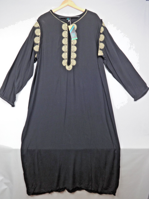 Blue Hills Kaftan Dress Women S/M Black Gold Embroidered Modest Boho Maxi Long