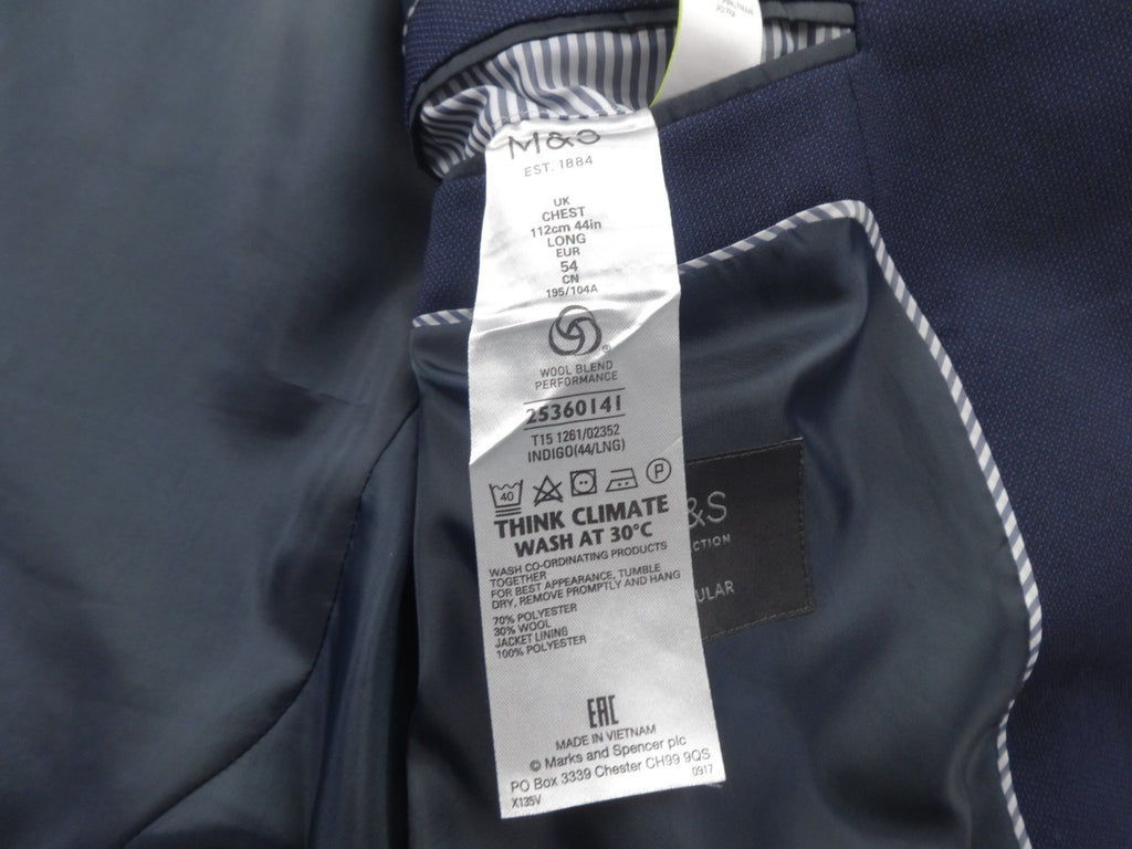 M&S Suit Jacket Mens 44 Long Navy Wool Blend Tailored Formal Suit Office Smart