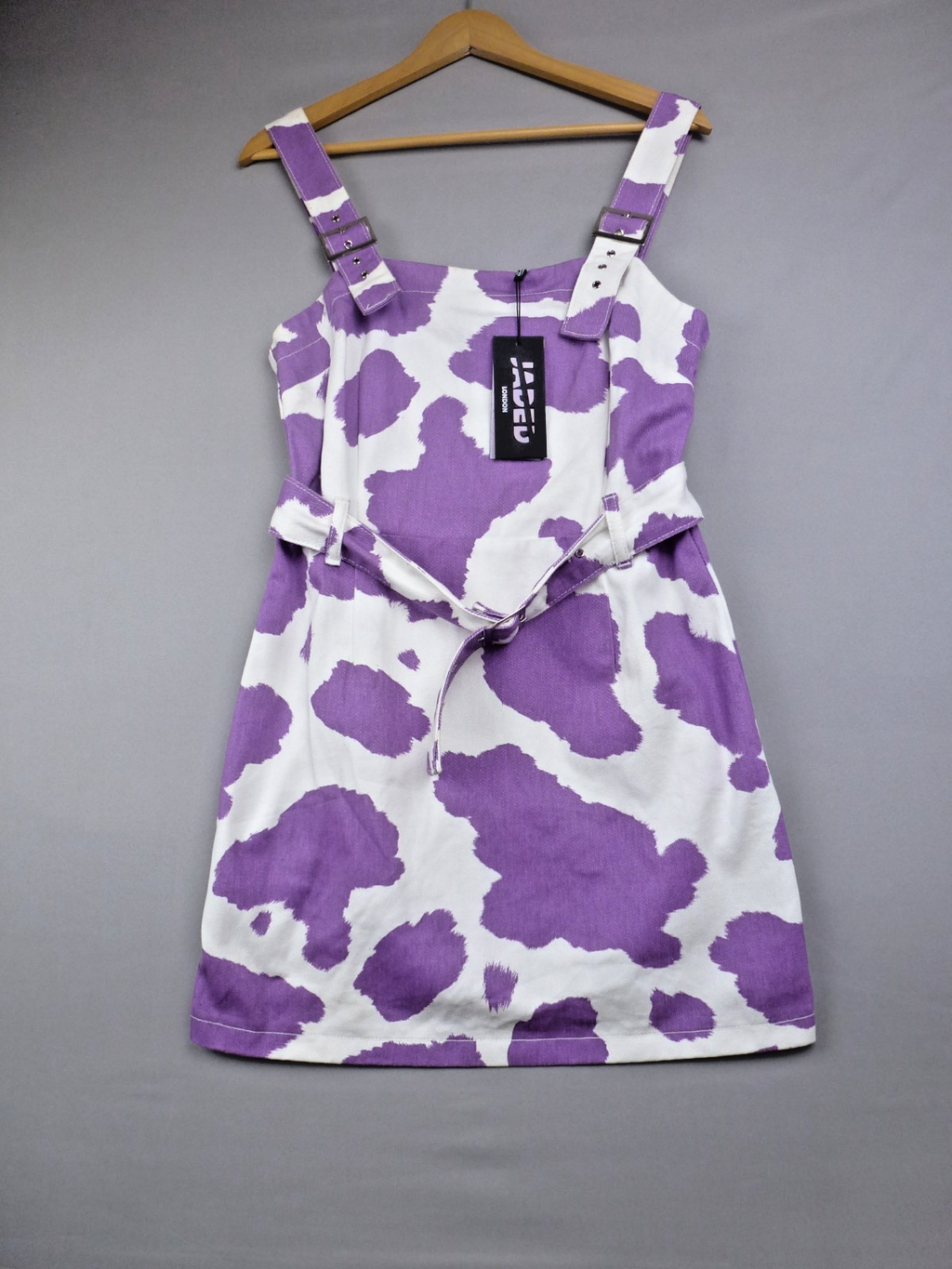 Jaded Dress Women UK 10 Purple Cow Print Belted Buckle Strappy Mini Cotton BNWT