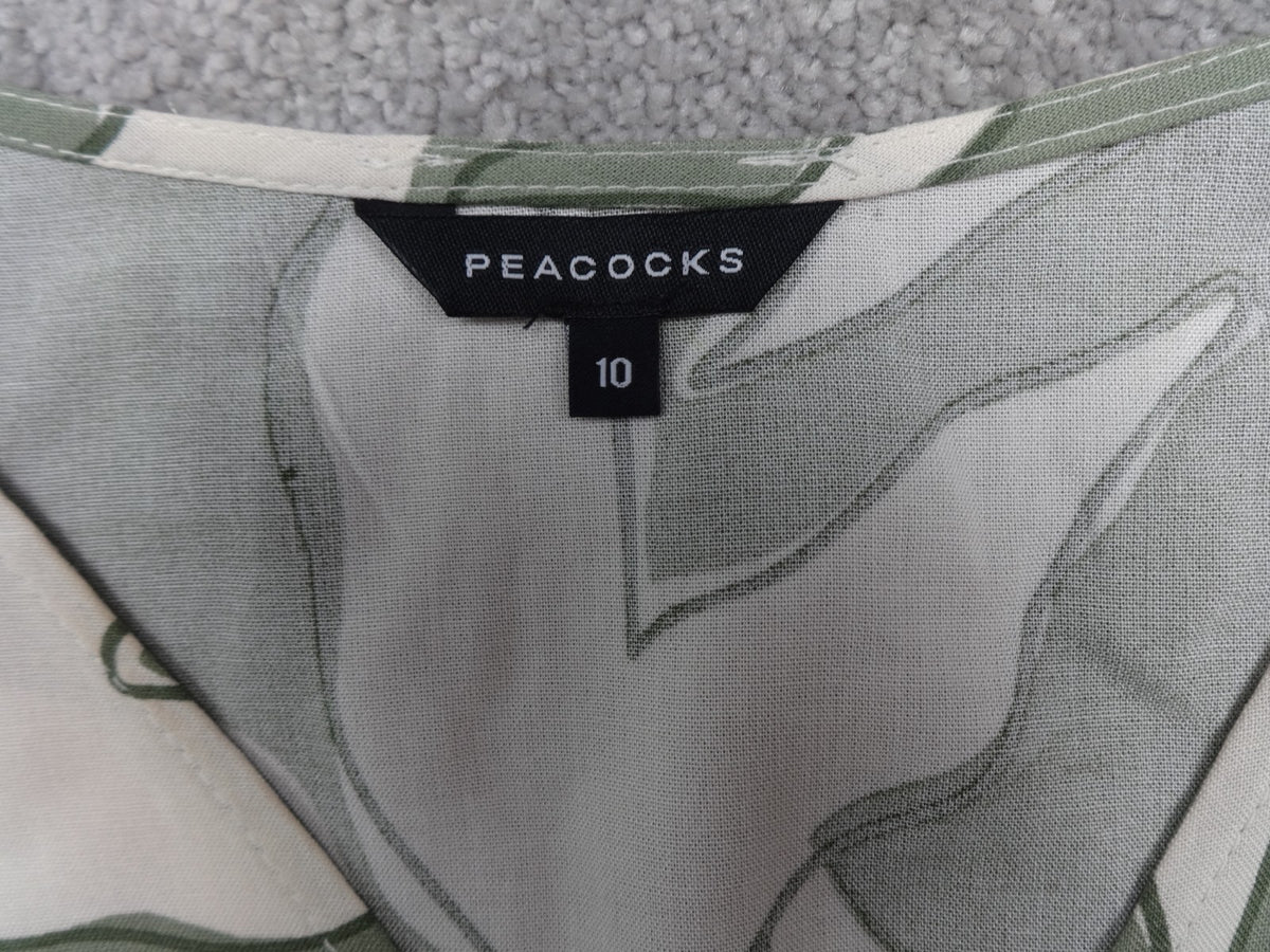 Peacocks Womens Blouse Size 10 Green White Leaf Print Viscose Short Sleeve Top