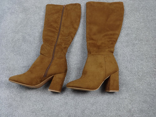 Boohoo Boots Womens UK5/EU38 Brown Knee High Block Heel Faux Suede Zip Retro